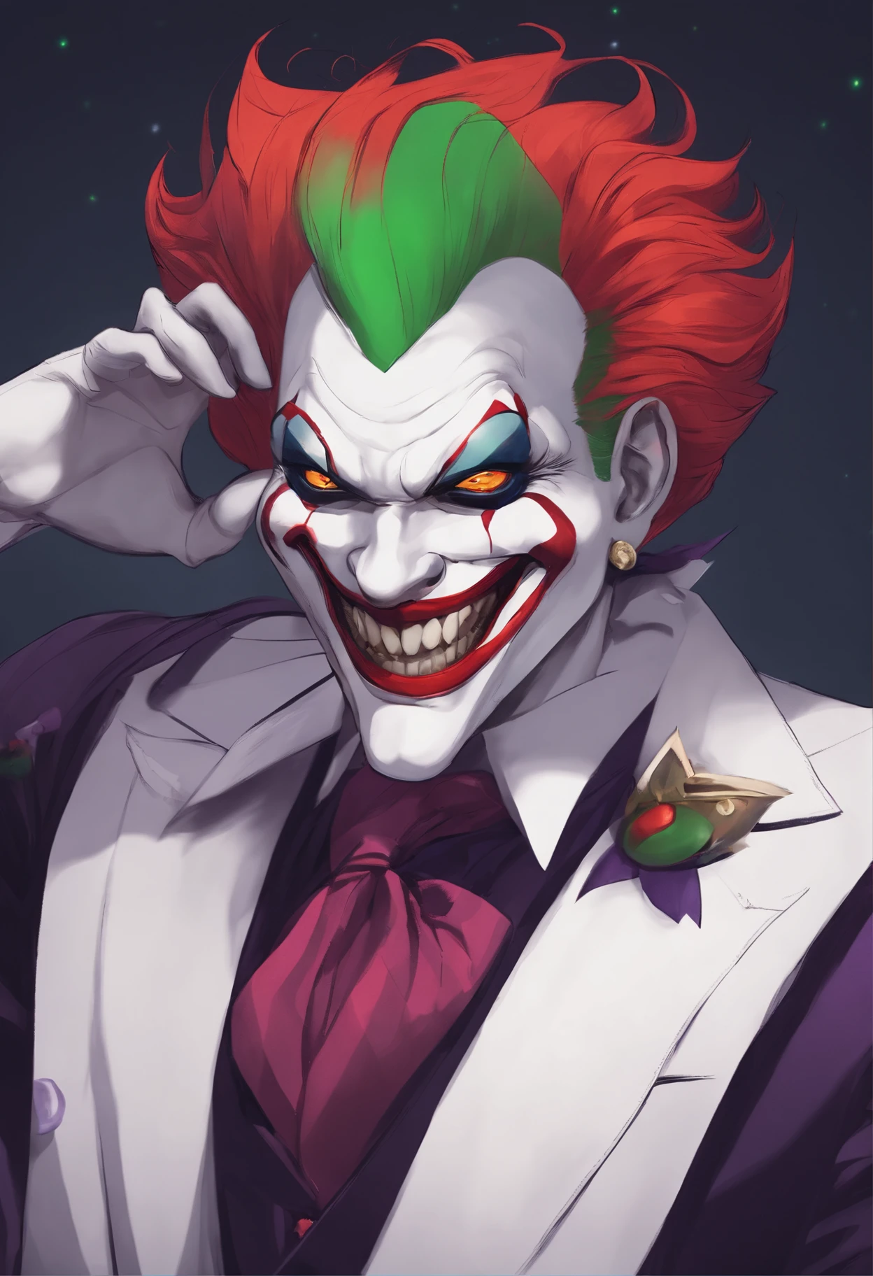 Clown avatar,jocker,Close-up of the head,Only head and shoulder positions are displayed,ember,Wallpapers,Anime handsome boy,Green hair,Purple colored hair,Hair has gradient color,Black suit,white backgrounid,Red round nose of the clown,Clown's mouth,Handsome nose,Pointed chin,Azure pupils,ssmile,