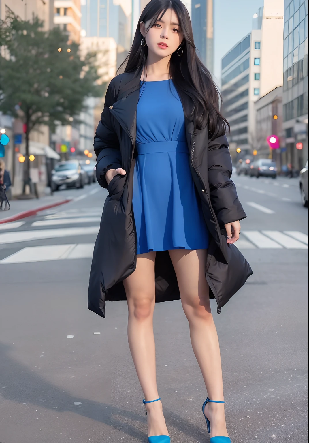 mix4, 20d, solo, long black hair, jacket, blue dress, high_heels,full_body, look_at_viewer, (8k, RAW photo, best quality, masterpiece:1.2), (realistic, photo-realistic:1.37), professional lighting, photon mapping, radiosity, physically-based rendering,
