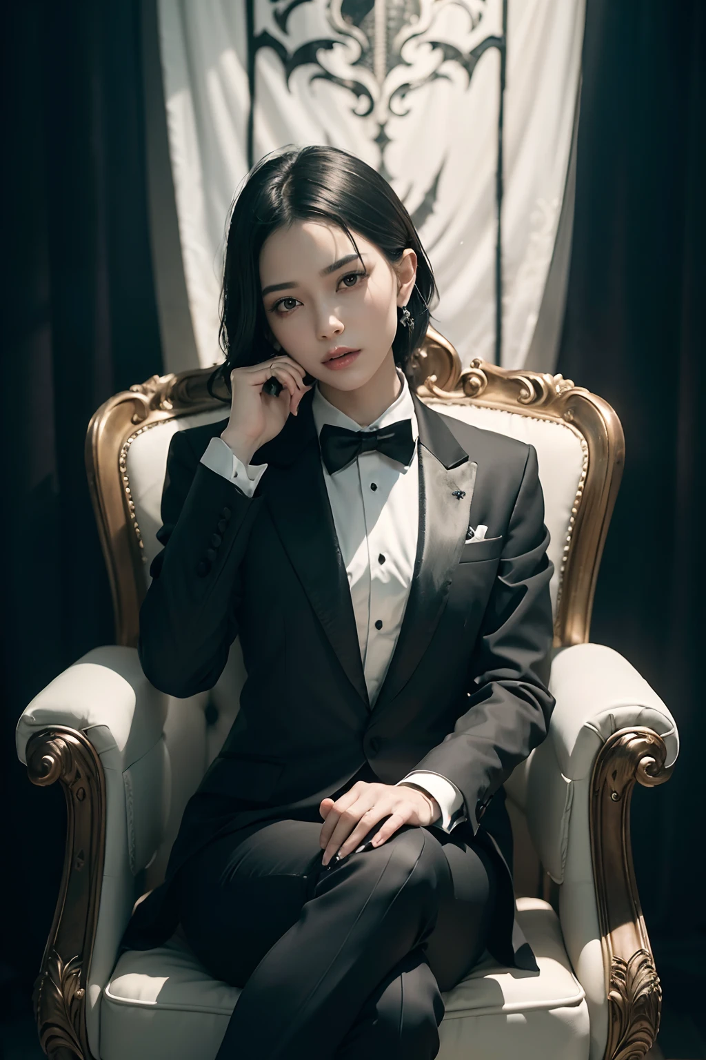 "(exquisitely detailed CG unity 8k wallpaper, masterpiece-quality with stunning realism), (best illumination, best shadow), (best quality), (elegant and demonic style:1.2), sitting elegantly upon an intricately carved chair, wearing a (sleek white tuxedo:1.2), (piercing black eyes+short black hair:0.8), surrounded by an ominous and dark atmosphere, accentuated by dramatic and striking lighting, imbued with a sense of surreal fantasy".