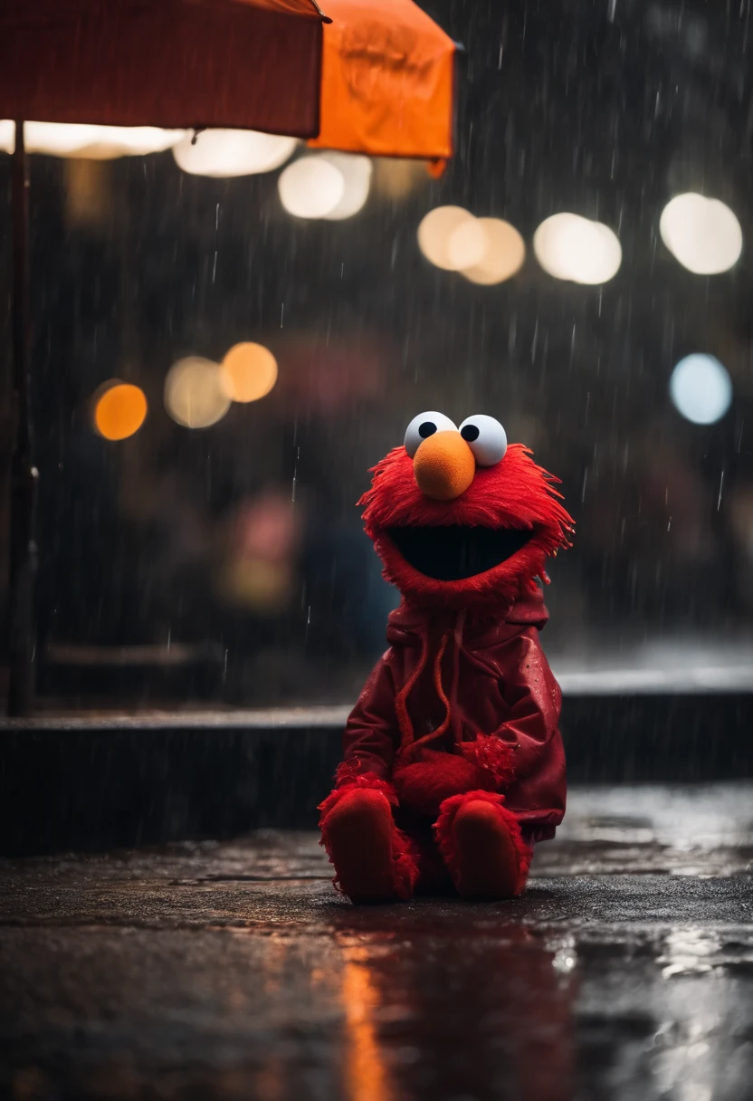 Elmo who is a red puppet with a orange nose is wearing a black hoodie in the pouring rain sitting down he is upset looking down at the ground