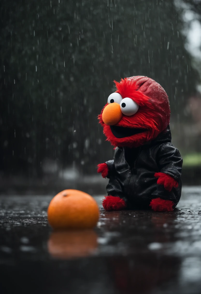 Elmo who is a red puppet with a orange nose is wearing a black hoodie in the pouring rain sitting down he is upset looking down at the ground