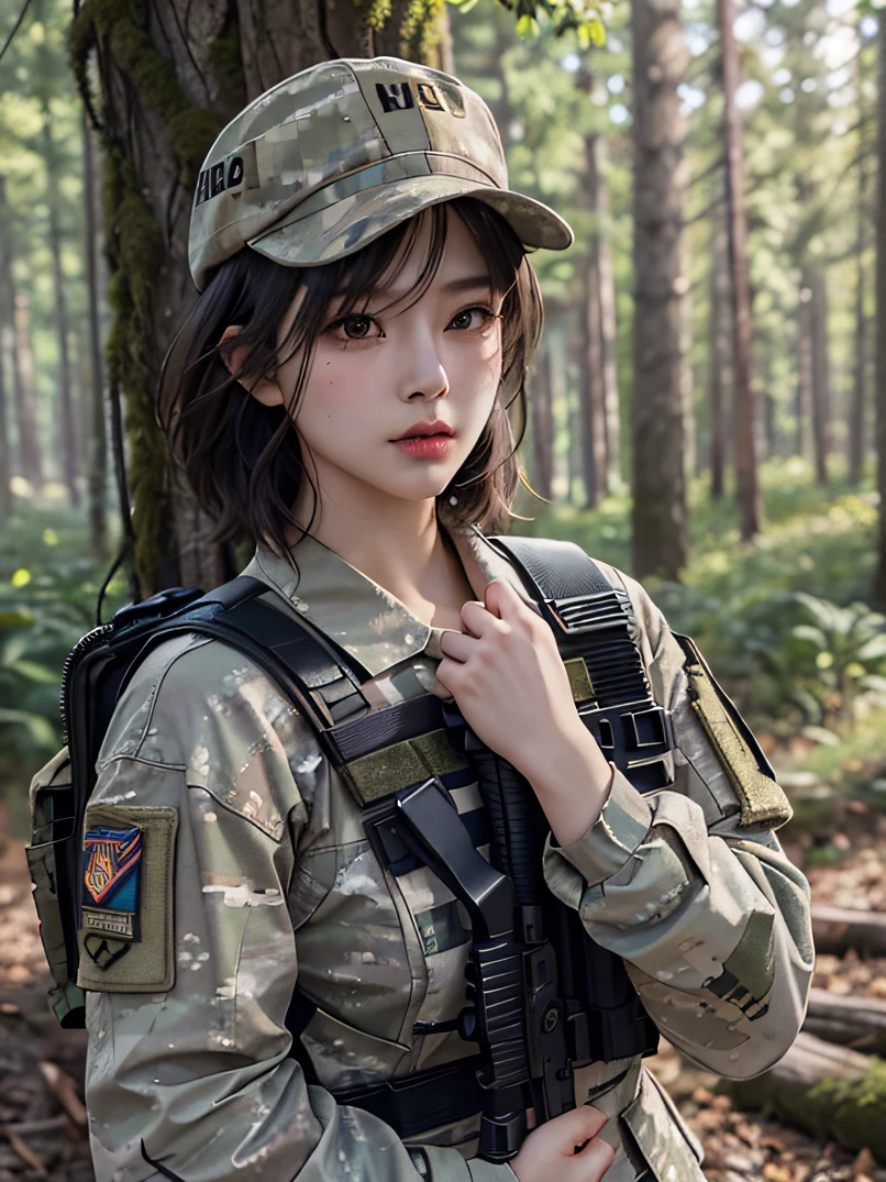 （raw、​masterpiece、ultra fine photos、top-quality、超A high resolution、Photorealsitic、bustshot）、Beautiful Female Soldier、delicated face、Cropped Shorthair、Camouflage Cap、Combat equipment、Army Long Sleeve Camouflage Uniform、Combat Vest、Camouflage pants、Combat gloves、Holding the rifle with both hands、rucksack、Military undershirt、Detailed and complex busy background、High Detail Skin、realistic skin detail、foco nítido、fair white skin、in woods、White smoke、Detailed face and chest depiction、Detailed hand depiction、combat pose、Dynamic action、watching at viewers