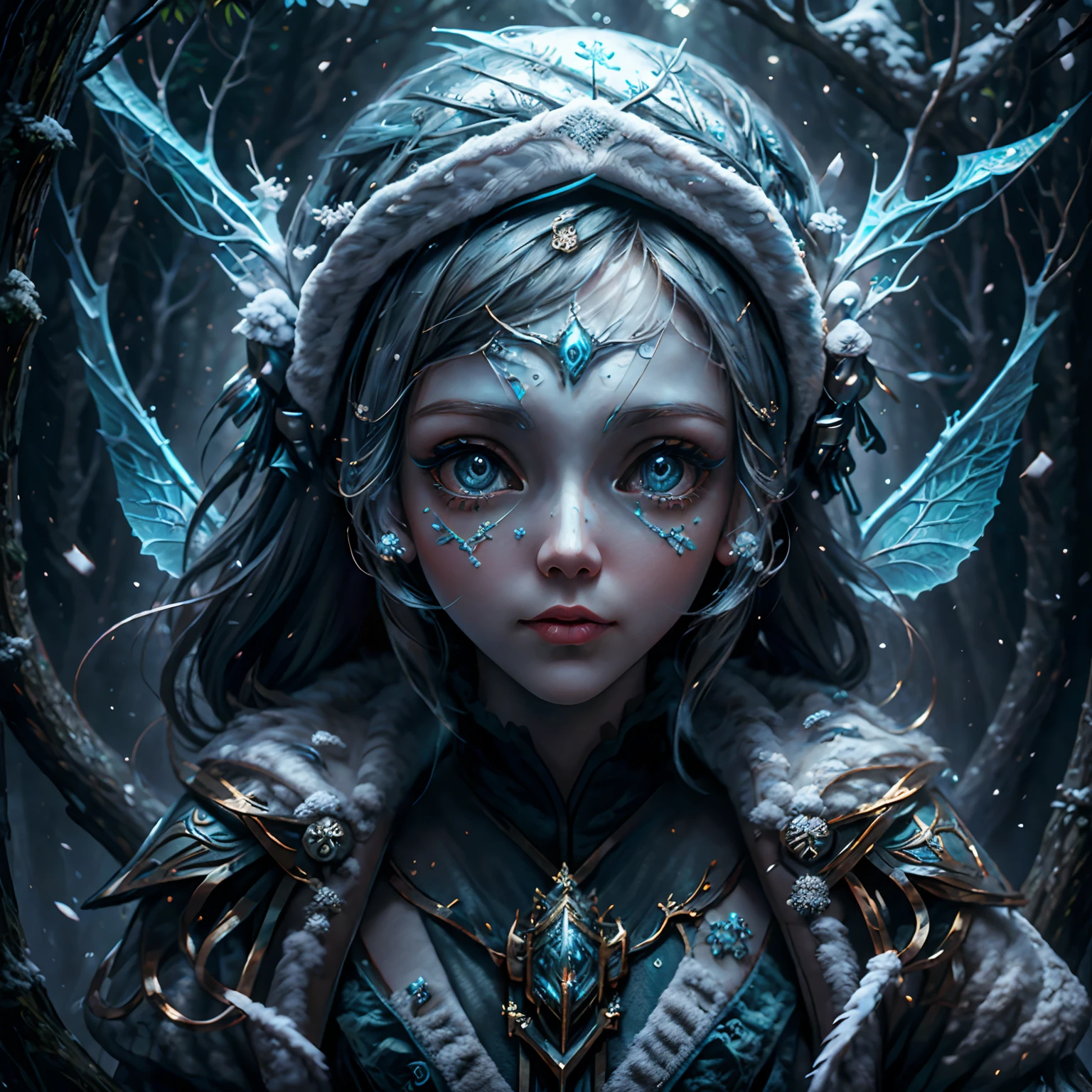 High quality, Ukrainian little girl fairy winter snow through the woods about 10 years old, Blue eyes, Smooth skin, ((Best quality, 8K, Masterpiece :1.3)), 1girll, Pretty girl , leisure wear :1.2, In the forest, Ultra-detailed face, Detailed eyes, 二重まぶた