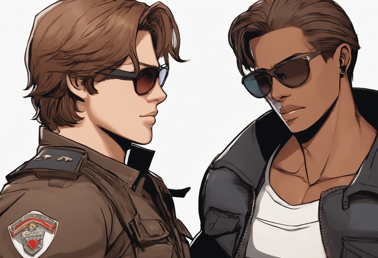 Brown skin young 18 year old guy, faded afro, black t-shirt, with black rectangle glasses, and a white young guy, with brown hair, leon kennedy from resident evil 4, wearing police uniform, looking at each other in the eyes, blushing, kissing