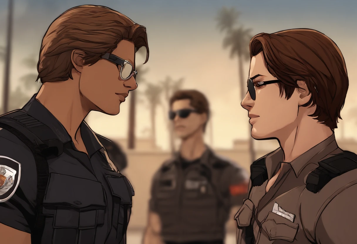Brown skin young 18 year old guy, faded afro, black t-shirt, with black rectangle glasses, and a white young guy, with brown hair, leon kennedy from resident evil 4, wearing police uniform, looking at each other in the eyes, blushing, kissing