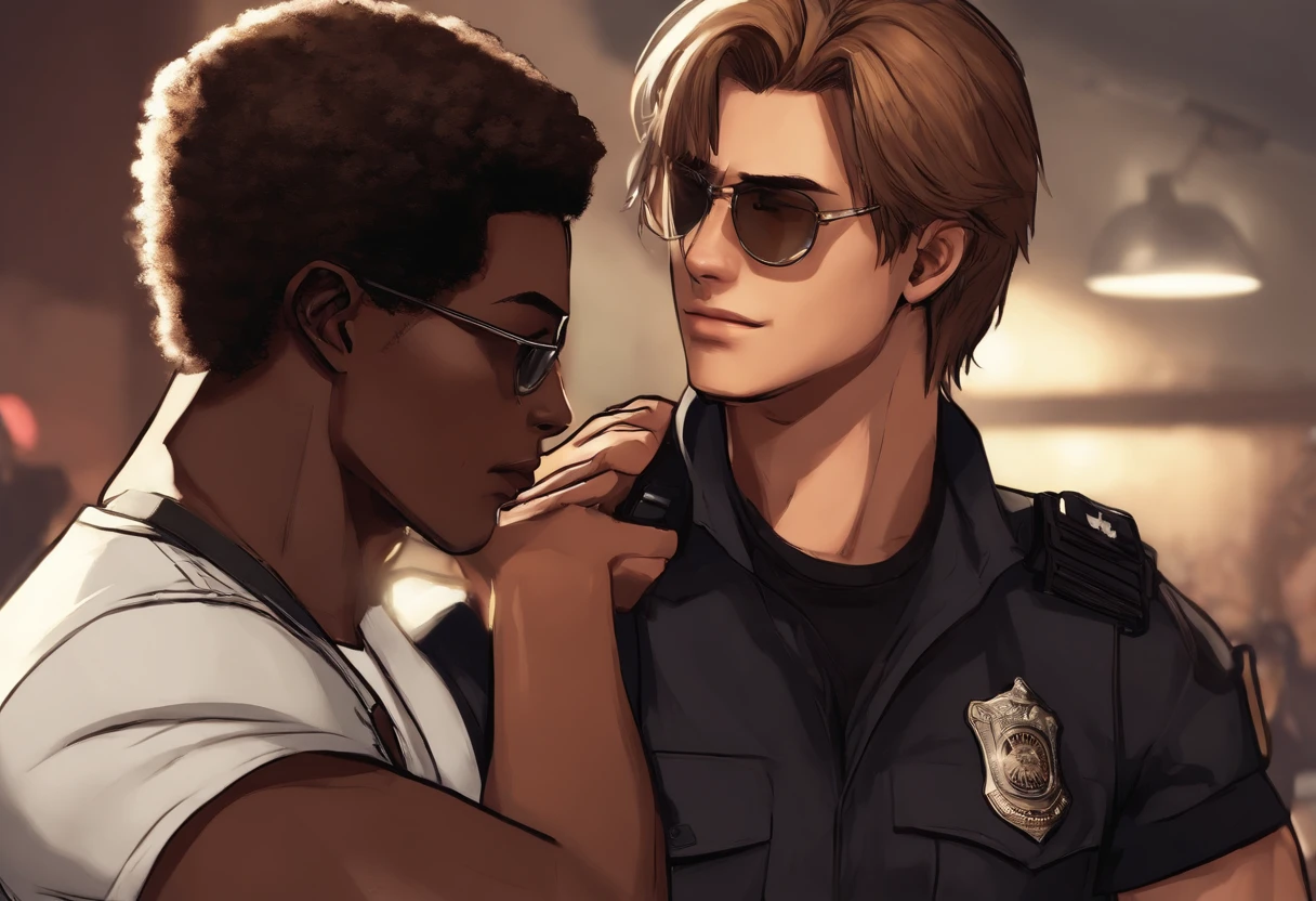 Brown skin young 18 year old guy, faded afro, black t-shirt, with black rectangle glasses, and a white young guy, with brown hair, leon kennedy from resident evil 4, wearing police uniform, looking at each other in the eyes, blushing, kissing