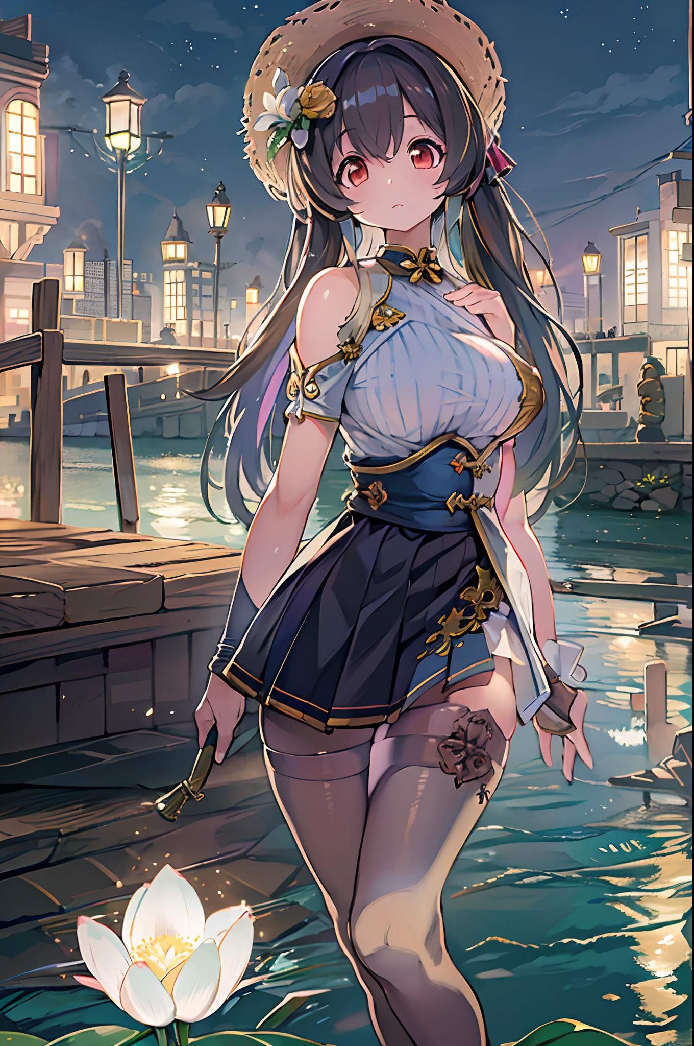 (High quality, 8K, Original Character), (fact: 1.5), (masutepiece, Best Quality, High resolution: 1.2), girl, summer evening, (smooth texture of stockings: 1.5), sexy skirt, Delicate eyes, Delicate images, Boat, River, Face to camera, A large lotus flower blooms behind it, Moonlight, Breeze, fireflys