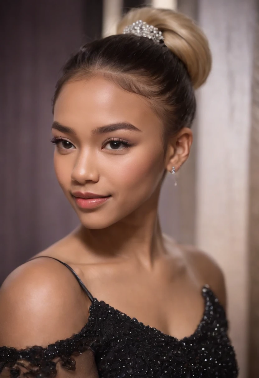 a pretty blasian girl with blonde slicked back ponytail and edges and dimples and braces with hazel eyes ,highly detailed,
wearing black dress with rhinestones at prom