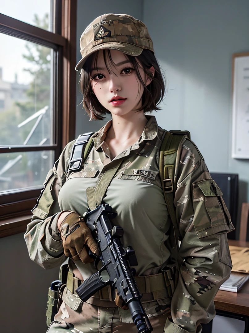 ((​masterpiece、ultra fine photos、top-quality、超A high resolution、Photorealsitic、foco nítido、bustshot))、、Beautiful Female Soldier、delicated face、fair white skin、High Detail Skin、realistic skin detail、Cropped Shorthair、Combat equipment、Army long sleeve camouflage uniform over black undershirt、Camouflage pants、Combat gloves、Holding the rifle with both hands、rucksack、Detailed and complex busy background、A room in an abandoned building、White smoke、Detailed face and chest depiction、Detailed hand depiction、combat pose、Dynamic action、watching at viewers