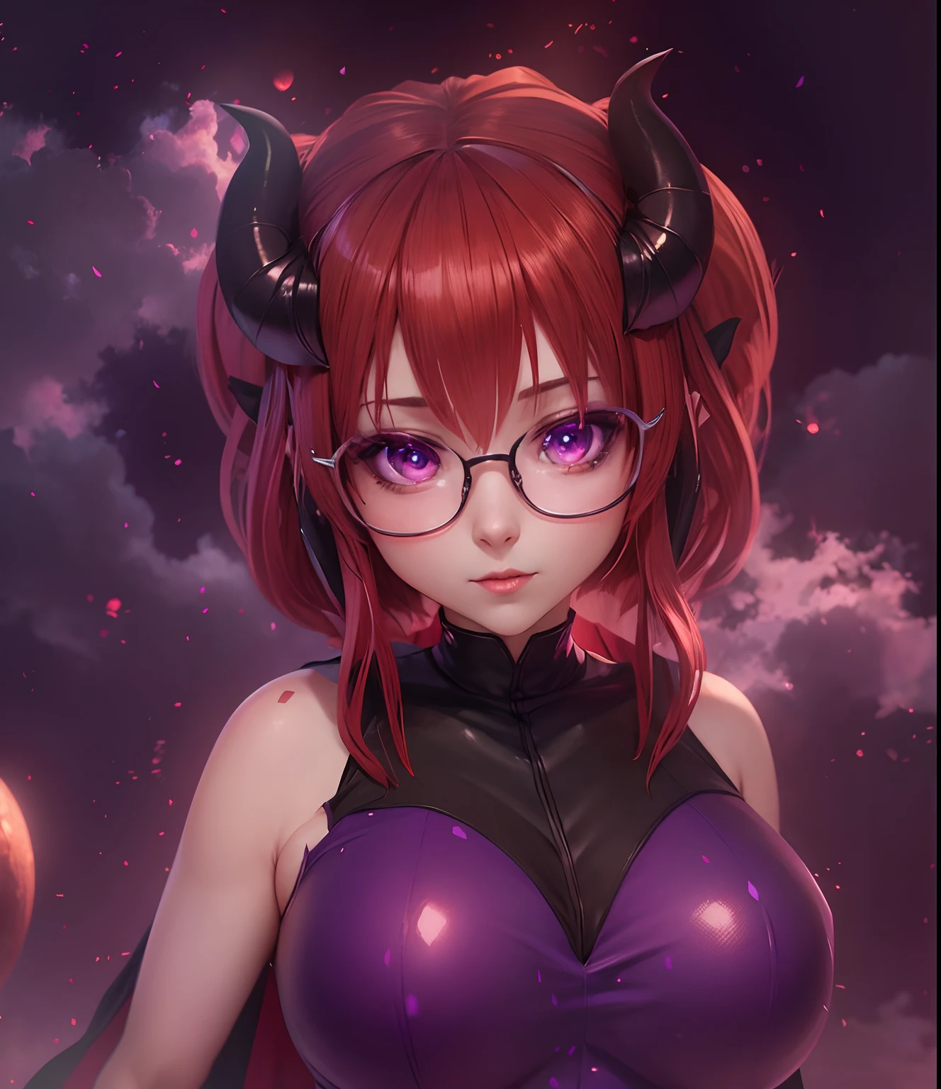 Anime girl, succubus, redhair, horns, dress, cute, glasses, purple, elf ears, best quality, detailed face, 8k