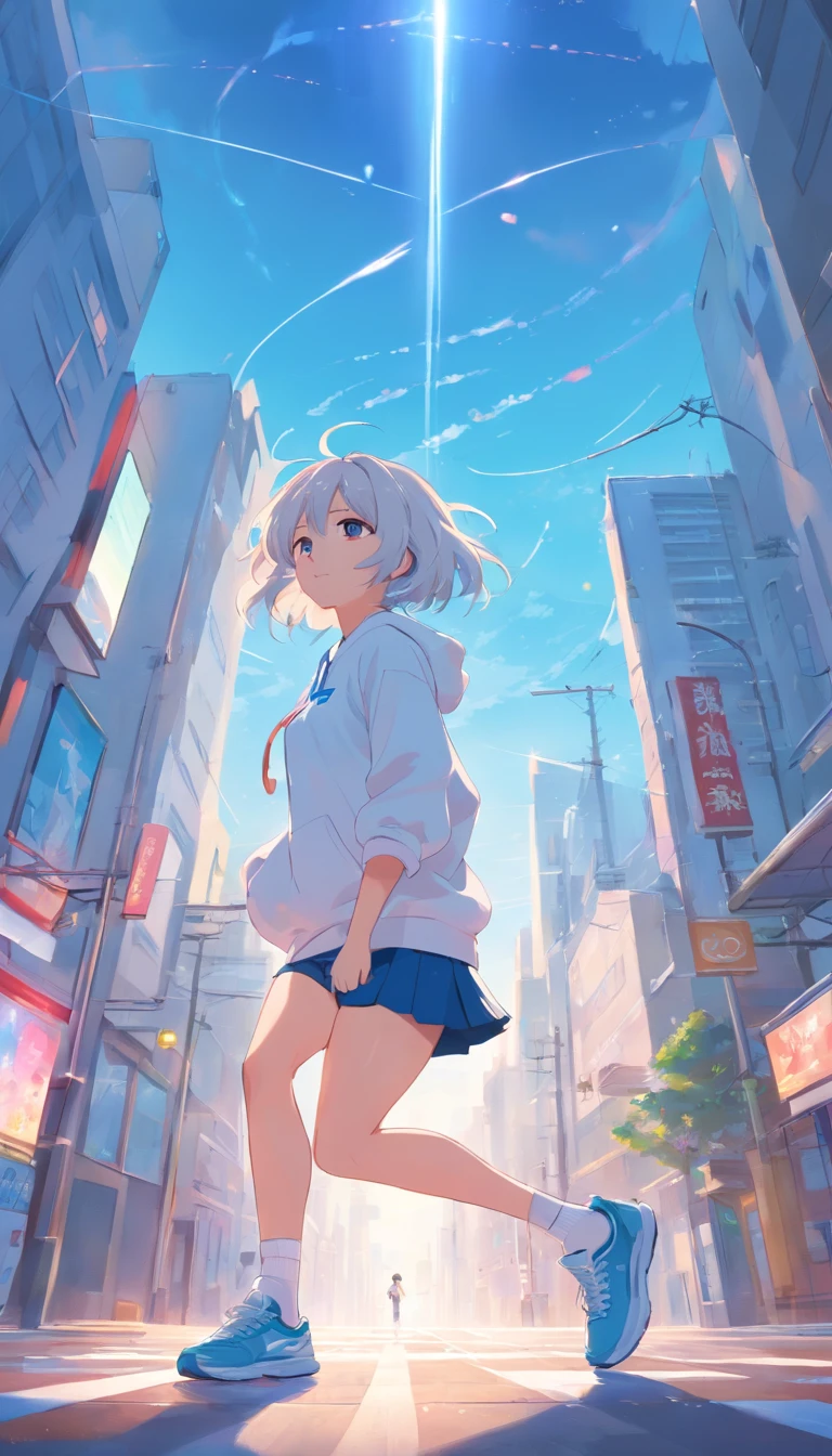 best qualtiy， tmasterpiece， 超高分辨率， realisticlying， 1 girl， long  white hair，Heterochromic pupils，With a headset，Sweatshirt set，head looking up，cheerfulness，White tube socks，Light blue sneakers，Park run run，wide angles