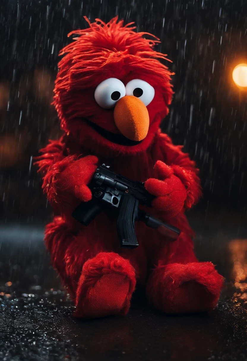 Elmo who is a red puppet with a orange nose is wearing a black hoodie in the pouring rain sitting down he is upset looking down at the ground it’s night time and u can see the rain going down he is upset and there is a pistol on the ground with bullets on the ground with red and blue blurry lights in the background