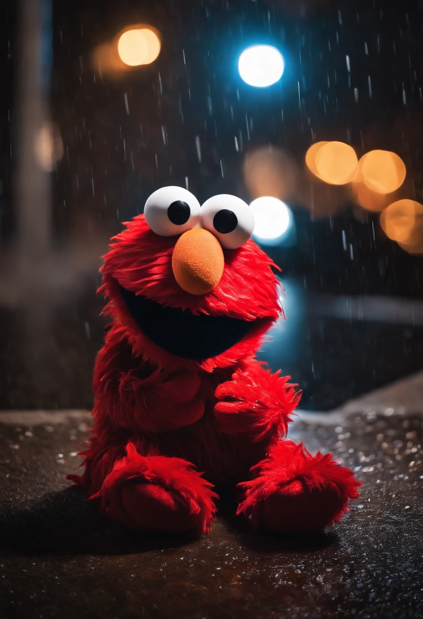 Elmo who is a red puppet with a orange nose is wearing a black hoodie in the pouring rain sitting down he is upset looking down at the ground it’s night time and u can see the rain going down he is upset and there is a pistol on the ground with bullets on the ground with red and blue blurry lights in the background