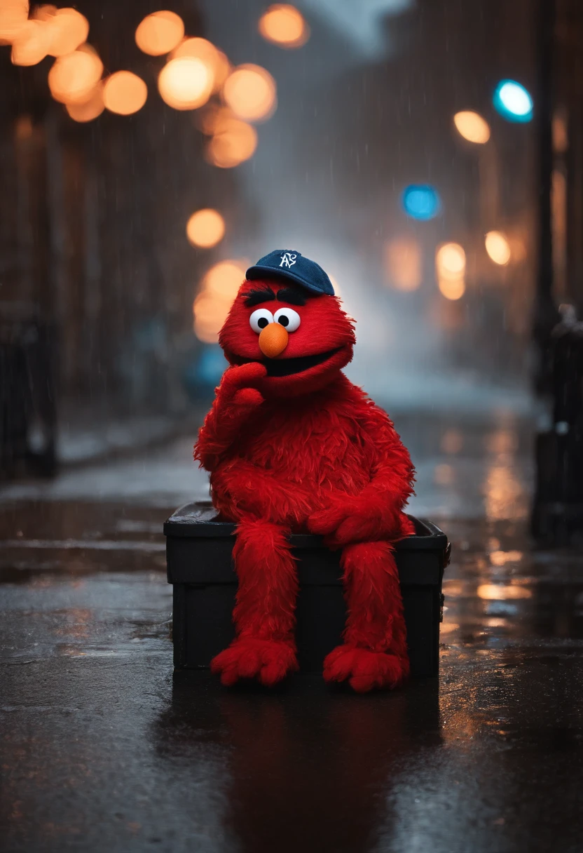 Elmo who is a red puppet with a orange nose is wearing a black hoodie in the pouring rain sitting down he is upset looking down at the ground it’s night time and u can see the rain going down he is upset and there is a pistol on the ground with bullets on the ground with red and blue blurry lights in the background