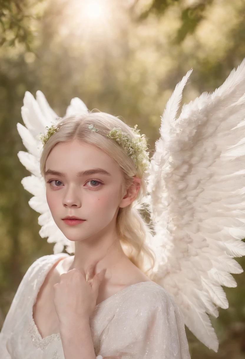 (((A deep reddish scar runs on her left cheek))) light skinned, , Natural gray hair, Distinctive green eyes, slender and graceful,,,,, Beautiful, candle light, Ultra Sharp Focus, realistic shot, white cotton dress,Bokeh、Cute face tetradic color (Scar:1.4)、(((large angel wings on the back)))、(((Elle Fanning)))、white hair、Light coming in from behind、Imperial Light、,15yo studen(Crystal clear skin)))、Sauce order、hitornfreckles、low nose、Small eyes