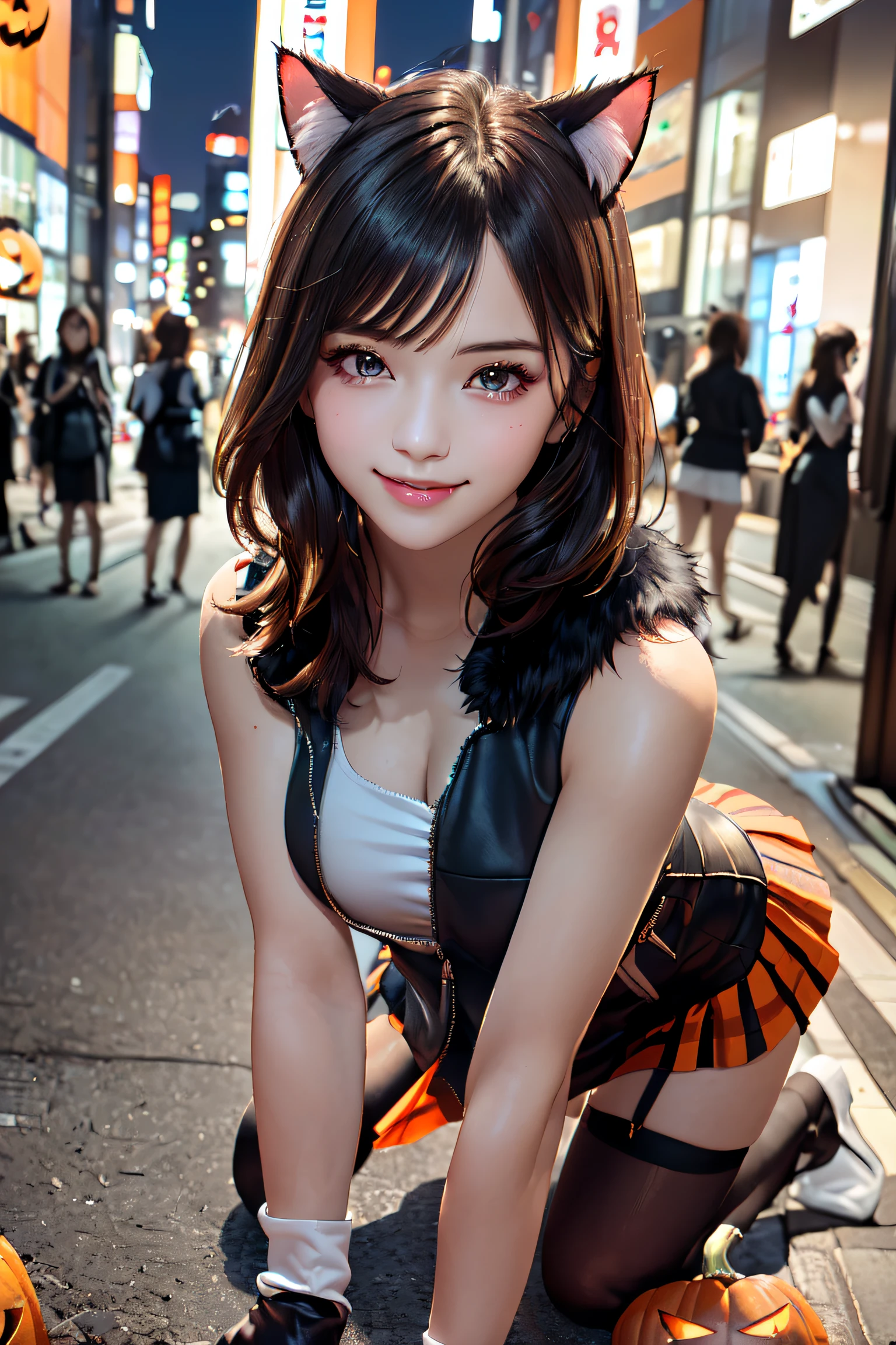 masterpiece, top-quality, top-quality, Beautifully Aesthetic:1.2, 1girl, party night, ((Wearing a high-quality sleeveless zip shirt, gloves of cat, cat ear, fur miniskirt):1.2), high detailed, (((Zips Full opened:1.3))), (Gentle smile:1.2),
BREAK
(all fours with hands on floor:1.3), (large breasts:1.3), (Cleavage:1.2), firm breast, nicely shaped breasts, slender figure, ((No bra)),
((Dark Brown Hair)), wavy hair, ((short hair:1.2)),
((in A modern street of decorated for Halloween in Shibuya at late night:1.2)), (Upper body shot:1.1), (From front), (Focus on face:1.2), ((looking at viewer:1.2)),