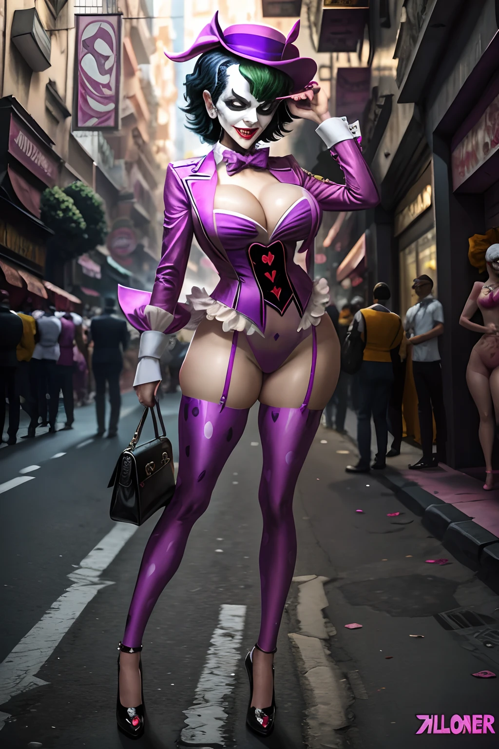 Joker dressed as a bimbo, full body shot, on the crowded street --auto