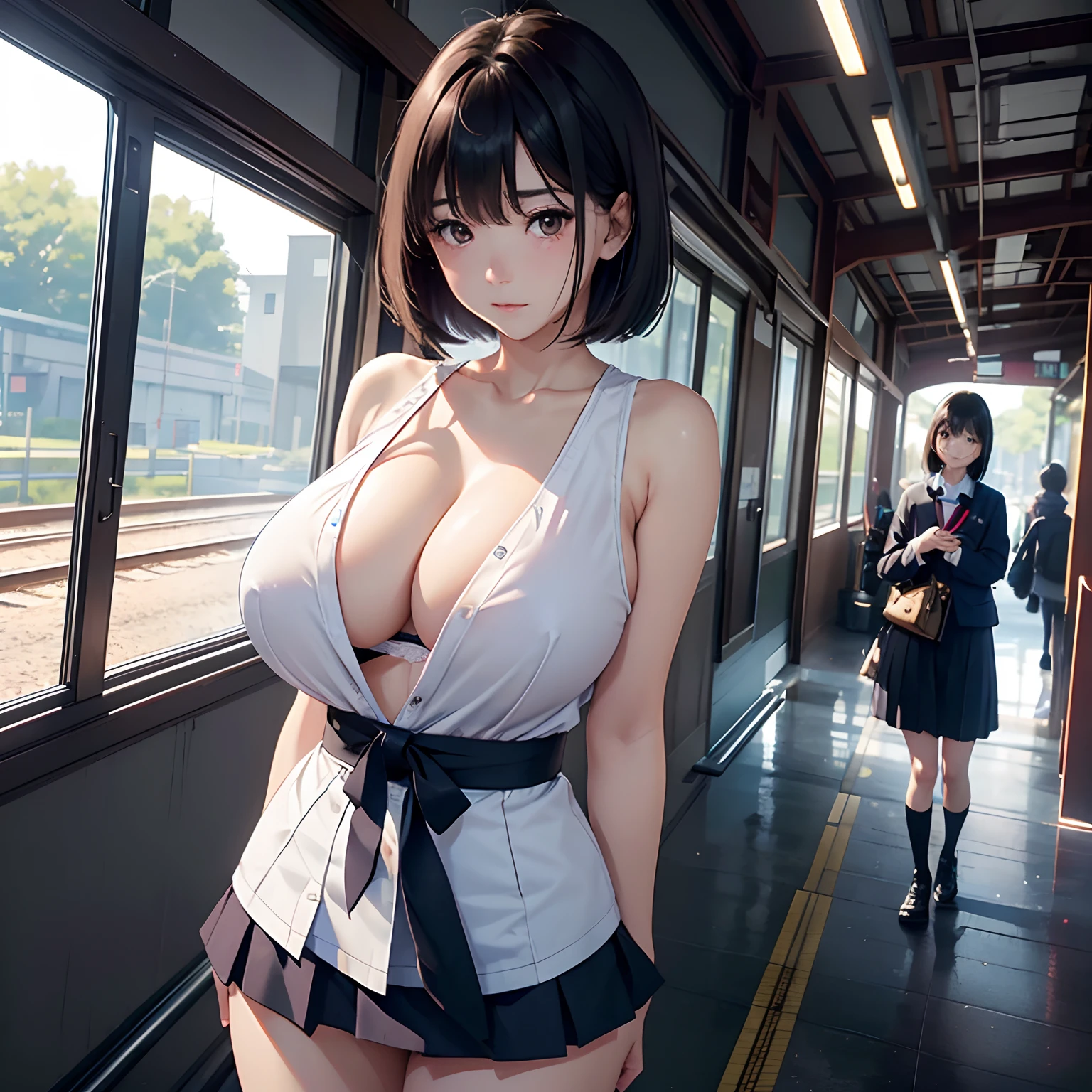 One Japan Women、(masterpiece:1.4)、(in 8K、realisitic、Raw photo、top-quality:1.4)、(Real Face:1.3)、(real looking skin:1.1)、超A high resolution、beautiful finely detailed eyes、A dark-haired、bob cuts、Brown eyes、Embarrassed look、Frustrated face、Blushing、high detailing、(huge-breasted:1.4)、cleavage of the breast、High school students、White bra only for upper body、a short skirt、小柄、big breasts thin waist、skinny thigh、is standing、On the tracks