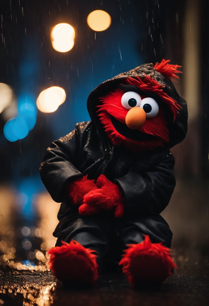 Elmo who is a red puppet with a orange nose is wearing a black hoodie in the pouring rain sitting down he is upset looking down at the ground it’s night time and u can see the rain going down he is upset and there is a pistol on the ground with bullets on the ground with red and blue blurry lights in the background he is a baby puppet