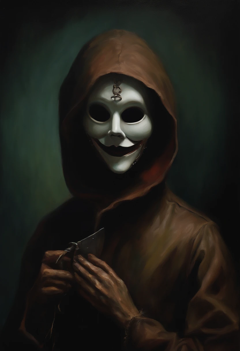modern oil painting of a faceless puppet, horror, dark colors, creepy,epic scenes ,shock horror art, with saw on hand
