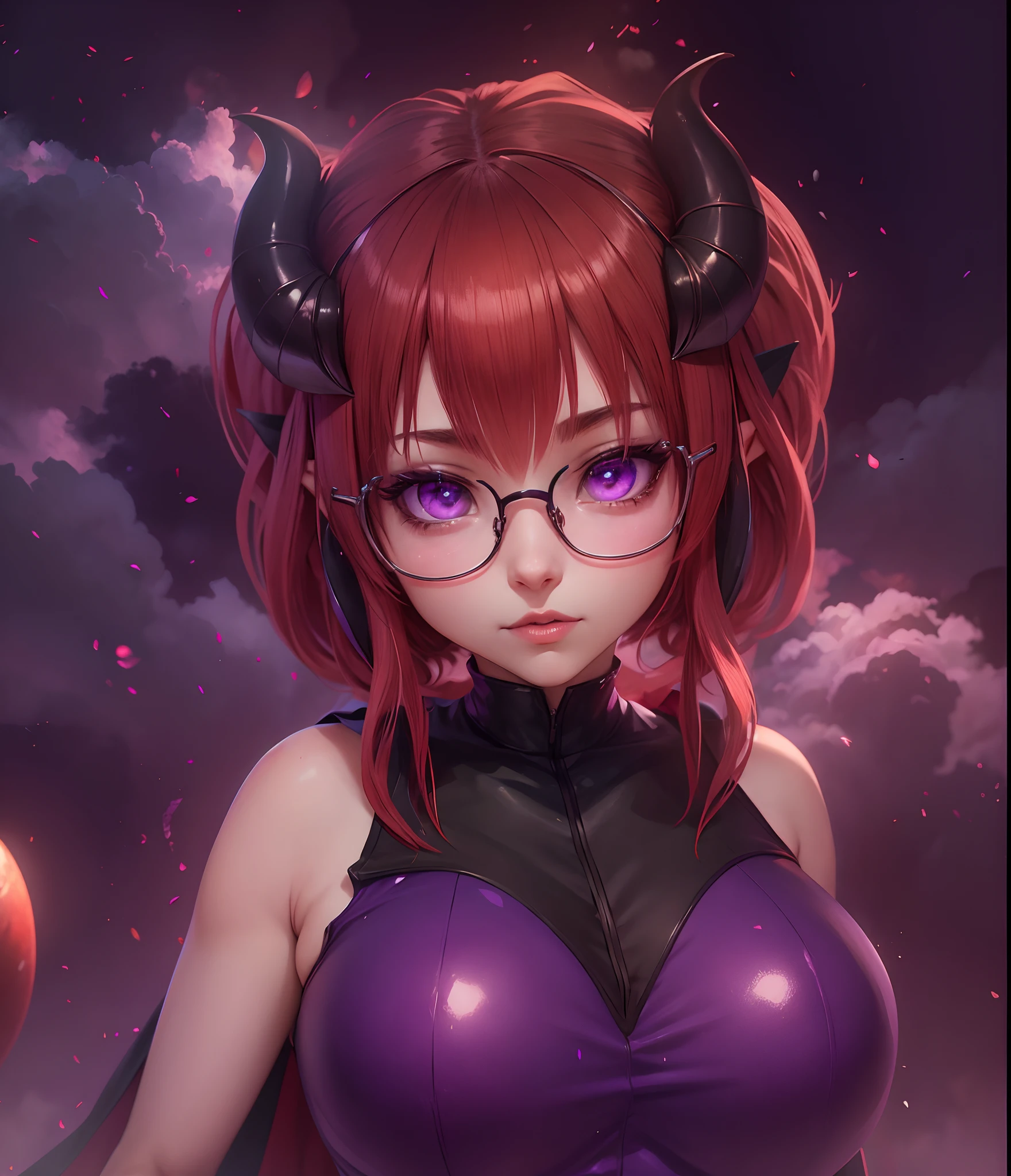 menina anime, succubus,  ruivo, Chifres, vestir, fofo, glasses, Purple, orelhas de elfo, best quality, Rosto detalhado, 8k