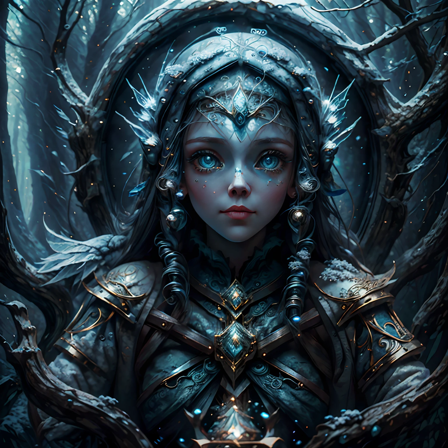 High quality, Ukrainian fairy winter snow through the woods about 10 years ol, Smooth skin, ((Best quality, 8K, Masterpiece :1.3)), 1girll, Pretty girl , leisure wear :1.2, In the forest, Ultra-detailed face, Detailed eyes, 二重まぶた