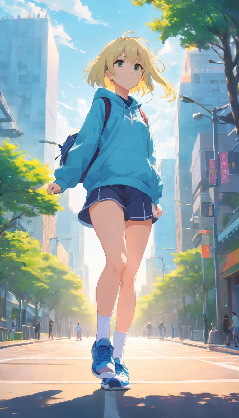 best qualtiy， tmasterpiece， 超高分辨率， realisticlying， 1 girl， long  white hair，Heterochromic pupils，Long legs，With a headset，Sweatshirt set，head looking up，cheerfulness，Pale yellow tube socks，Light blue sneakers，Running in the park，wide angles