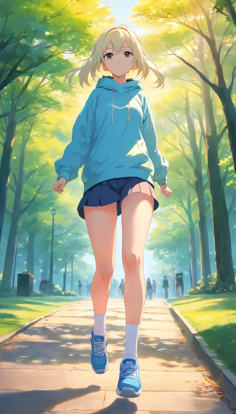 best qualtiy, tmasterpiece, 超高分辨率, realisticlying, 1 girl, long white hair,Heterochromic pupils,Long legs,With a headset,Sweatshirt set,head looking up,cheerfulness,Pale yellow tube socks,Light blue sneakers,Running in the park,wide angles