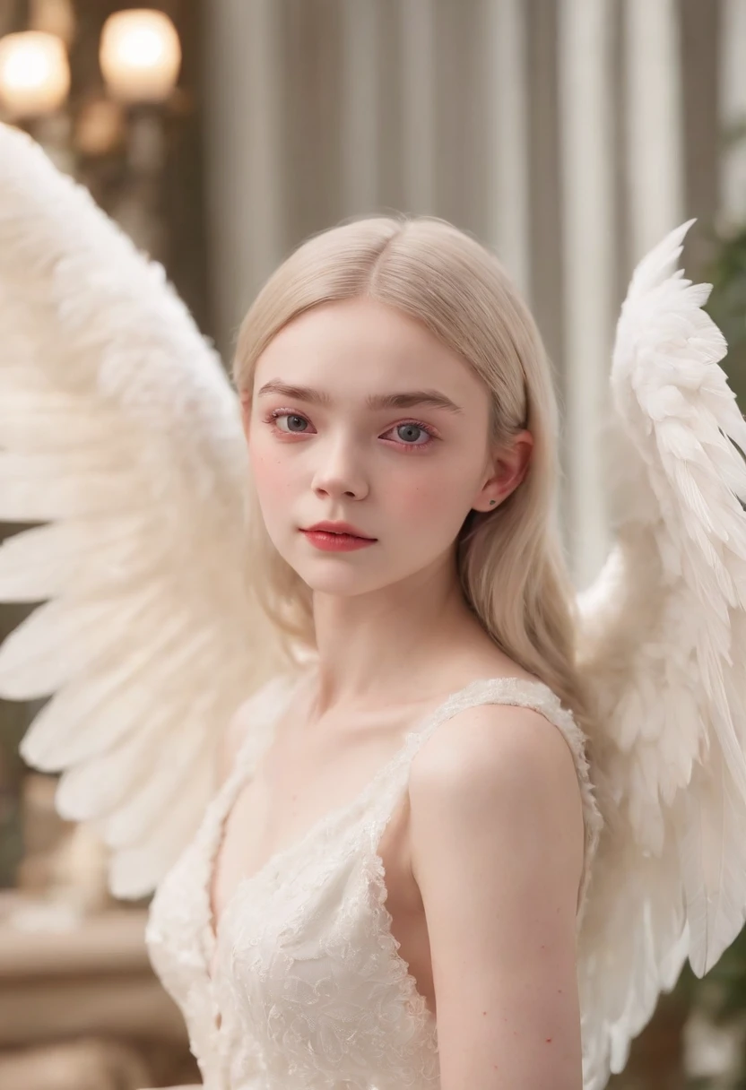 (((A deep reddish scar runs on her left cheek))) light skinned, , Unnatural gray hair, Distinctive red eyes, slender and graceful,,,,,, Beautiful, candle light, Ultra Sharp Focus, realistic shot, white cotton dress,Bokeh、Cute face tetradic color (Scar:1.4)、(((large angel wings on the back)))、(((Elle Fanning)))、white hair、Light coming in from behind、Imperial Light、,15yo studen clear skin)))、Sauce order、hitornfreckles、low nose、big-eyed