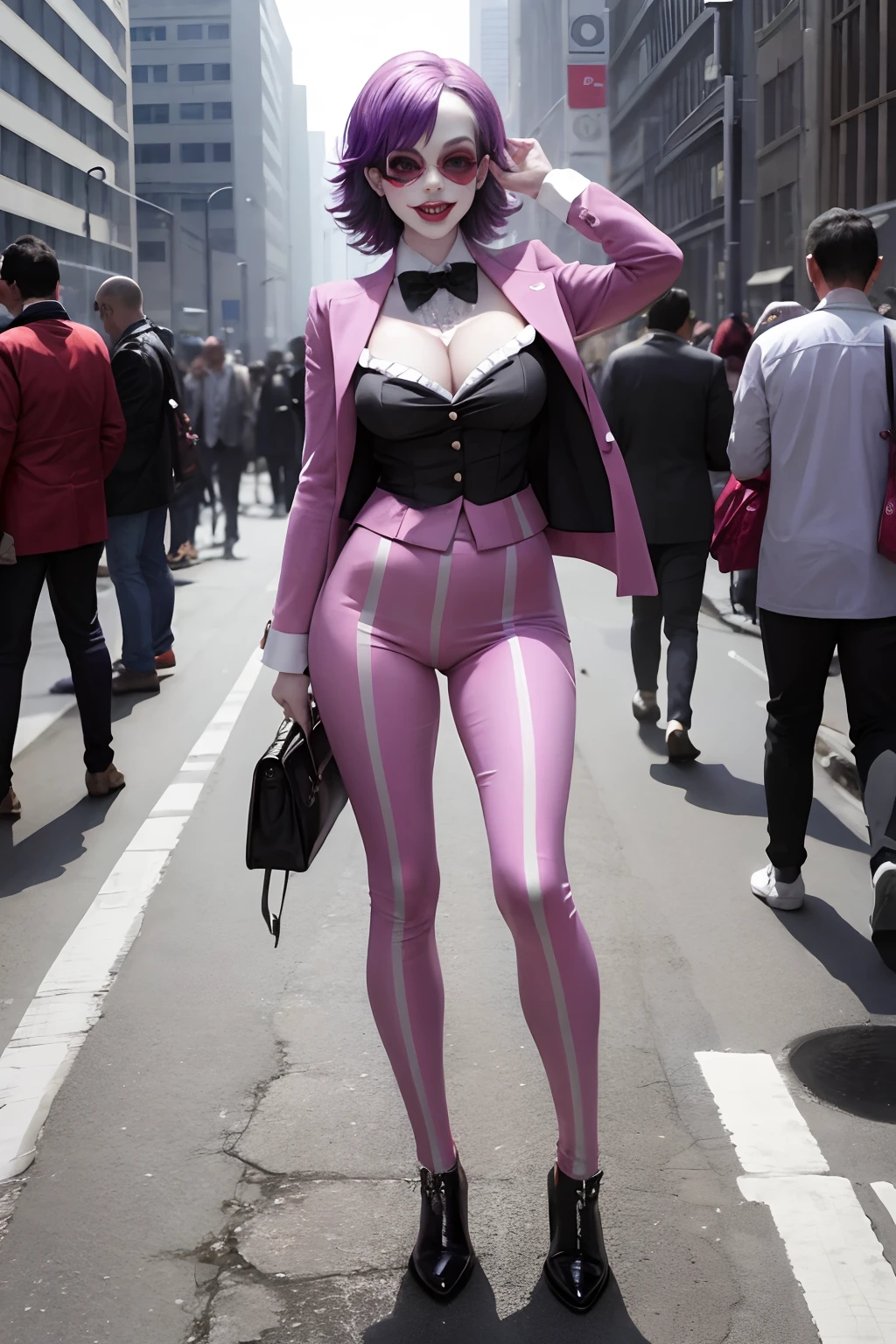 Joker dressed as a old bimbo, full body shot, on the crowded street, giga_busty