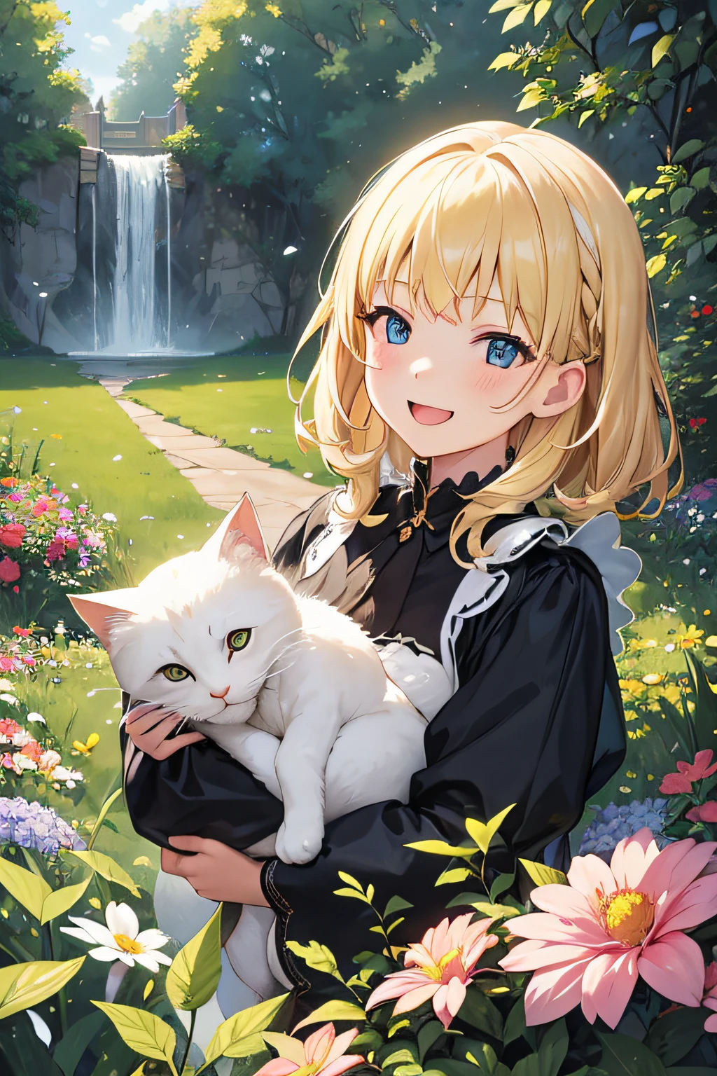 A  blonde girl dressed in a gorgeous costume，Holding a cold black kitten，Surrounded by plants and flowers，happy laugh