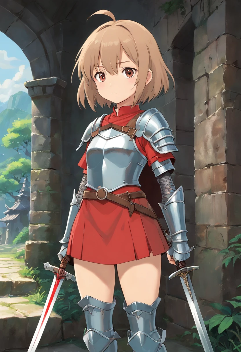 ((best quality)), ((masterpiece)), ((realistic)) young girl, , loli, child, flat ches smallsts, armor, sword, bloody ruins, skimpy armor, thigh armor, shoulder guards, bracers, crotch plate, crotch armor