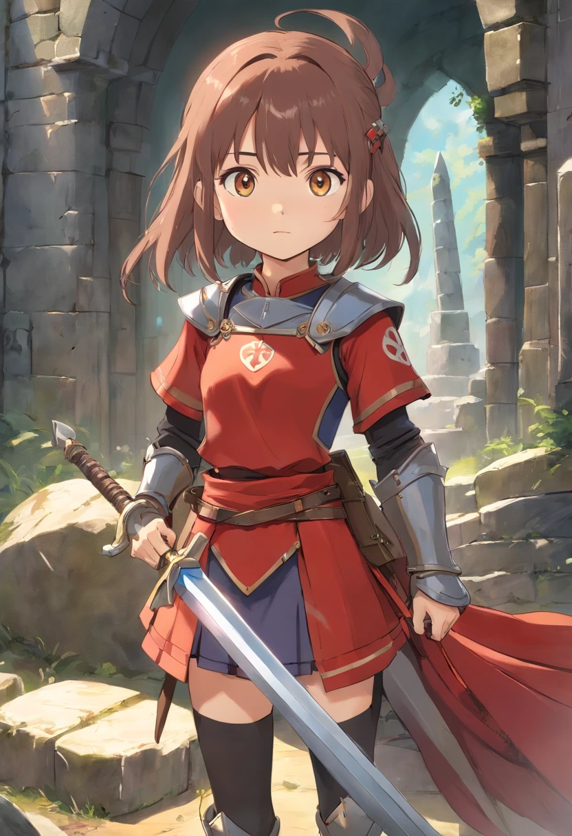 ((best quality)), ((masterpiece)), ((realistic)) young girl, , loli, child, flat ches smallsts, armor, sword, bloody ruins, skimpy armor, thigh armor, shoulder guards, bracers, crotch plate, crotch armor