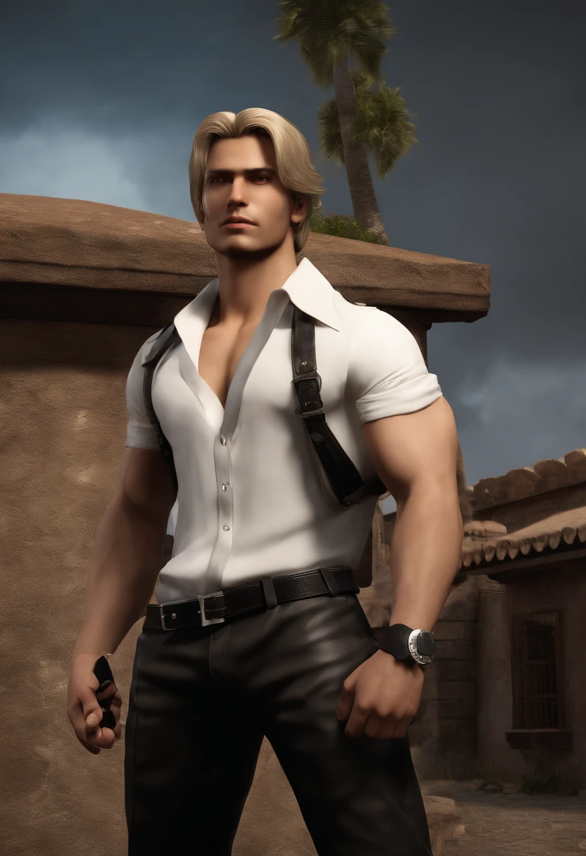 2 men, flat style, illustration, young man, 27 year old, Leon S. Kennedy from Resident evil 4, face of Eudard Badaluta, solo, white skin, muscular, lean muscle man, tall, hunk, wide shoulder, clean-shaven, light blond hair, curtain hairstyle, dark brown cold long sleeve leather jacket with white fur on the neck, black color T shirt inside, black pant, holding a pistol on right hand, viewer looking, high resolution:1.2, best quality, upper body shot, close up shot, cloudy sky and old Spanish village background, nightime, low camera angle, volumetric lighting, depth of field, shadow Looking at LilKingKeith, 18 Year old, brown skin guy, with afro, Black shirt, both blushing, both smiling