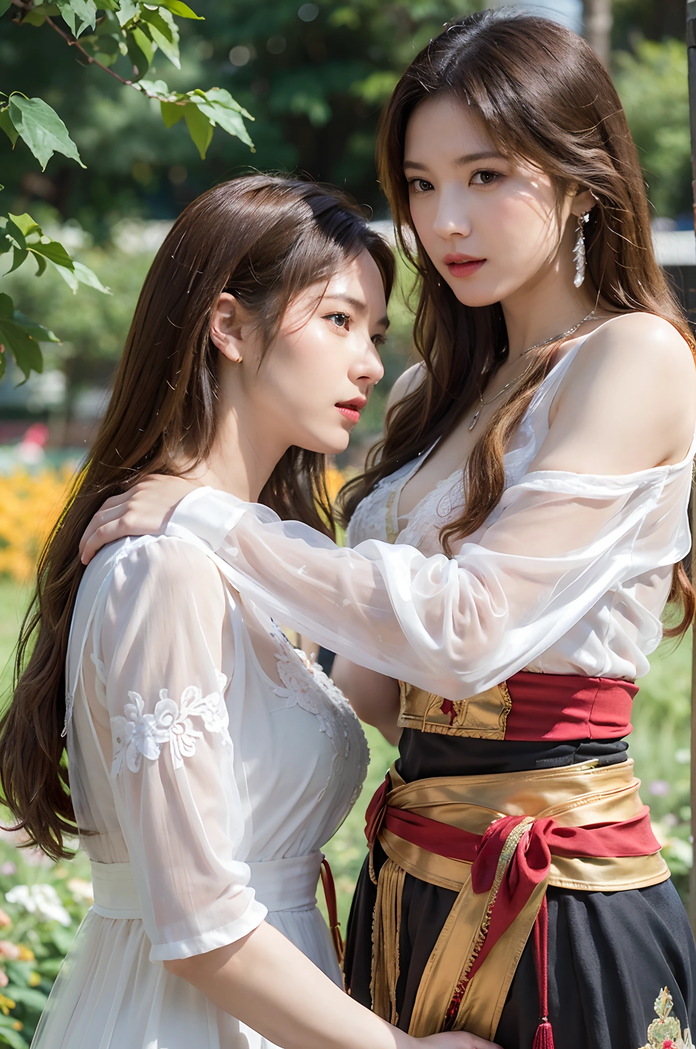 ray tracing,raw photograph,The proportions are the same for all races, All faces and pictures must be different,((Close-up portrait of two young people_Woman in transparent dress))Silk lace,leering:1.3,caressing the:1.3,Embroidery pattern,Belorusin,long wavy blond hair, standing on a flower field, Large cornflower in the foreground (Bokeh:1.2)), Masterpiece, award winning photography, lighting, Perfectcomposition, High detail, Ultra photo realsisim,Dramatic lighting, Epic,(Dynamic pose:1.2),(Dynamic camera),photo RAW,