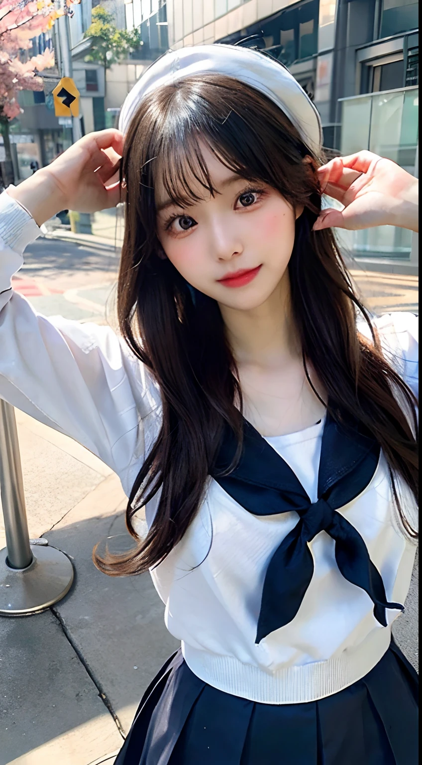 ulzzang -6500-v1.1, (Raw foto:1.2), (Photorealsitic), a beautiful detailed girl, extremely detailed eye and face, Beautiful detailed eyes, huge filesize,  hight resolution, ighly detailed, of the highest quality, [​masterpiece:1.6], [JK school uniform], illustratio, finely detail, of the highest quality, 8k wallpaper, Cinematographic lighting, 1girl in、17 age、Cute Japan high school girl、perfect body type、[Unbutton a white school blouse、The bra is visible、Japan schoolgirl uniform]、[huge-breasted、heavy breasts、H-cup:1.9]、Beautiful big eyes、Sweat all over the body、[sexual excitement:1.1]、[lyin in bed:1.5]、Raise both hands、School uniform ribbon around neck、A slight smile、Light in the eyes、Put your head on the pillow、Button open、(Twin-tailed)、laying on back、School uniform skirt、White blouse with open buttons、bra very、No jacket
