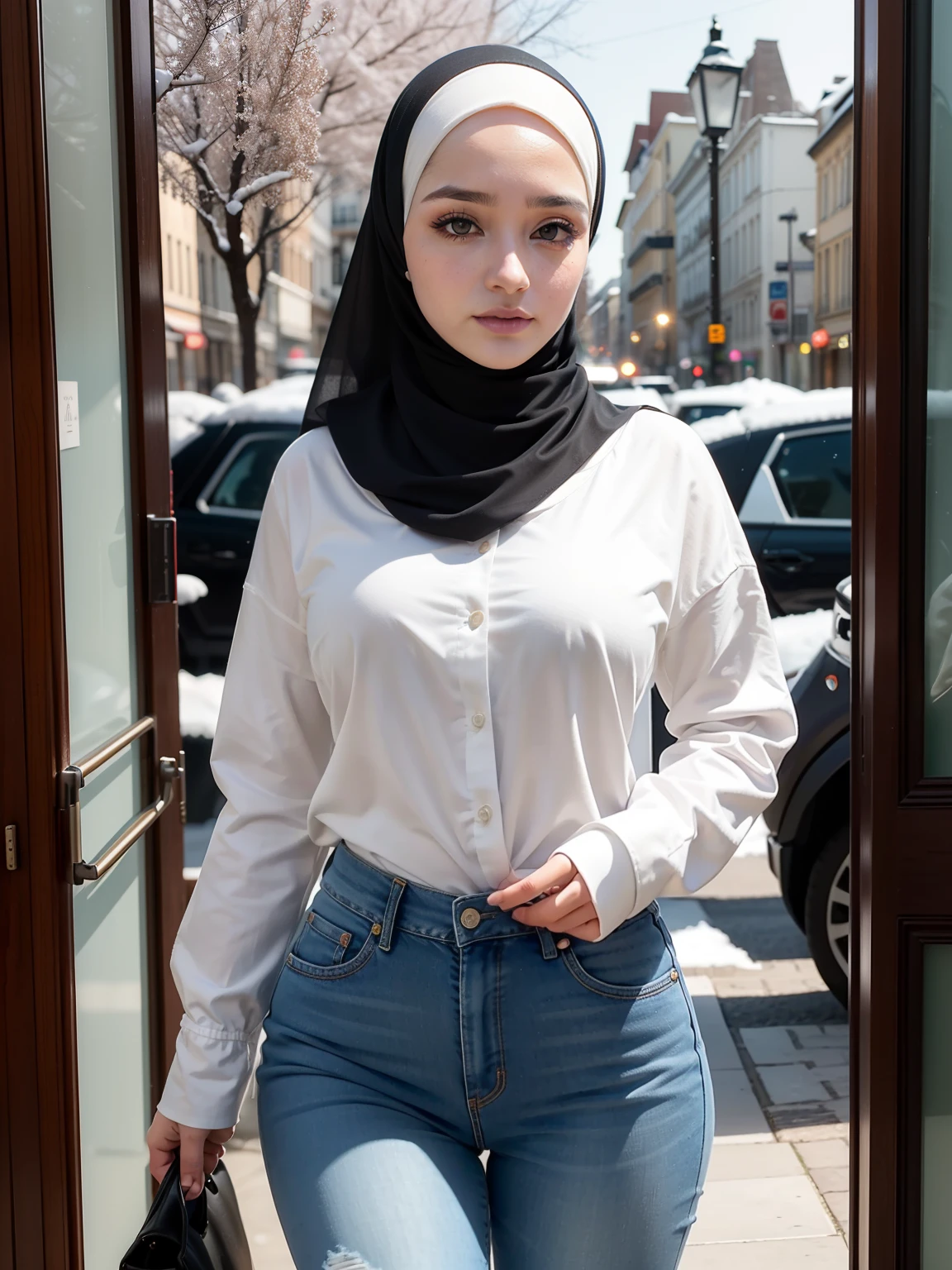 1fille, 21 ans, belle fille,Fille malaise (chemise blanche, Models), clavicule, beaux yeux bleus, ((Porter le hijab:1.4)), maquillage, building, Winter trench coat, jour, Ass in ripped denim pants, garni de fourrure_manteau, garni de fourrure_veste, fourrure_chou, fourrure_couper, jeans, joaillerie, Grand buste, (seins gigantesques:1.2, seins lourds pendants, poitrine parfaite de forme ronde), realistic face ,(Better lips, Detailed nose ,detailled eyes ,visage mignon), de dos tout en regardant_ved_spectvedeur, Potrait corporel complet, nombril, mineur, half-naked , seins les plus gigantesques, dehors, ciel, neige, neige, seulement, window, hiver, ((Ultra detailded ,Masterpiece ,hyper detailed, Highest quality resolution, Best quality, photoreallistic ,Kinematic light, Bokeh)), Beautiful Korean girl, Detailed_Oeil, visage, detailled eyes, montre ses fesses, cul parfait, se penchant en avant pour montrer son cul magnifique