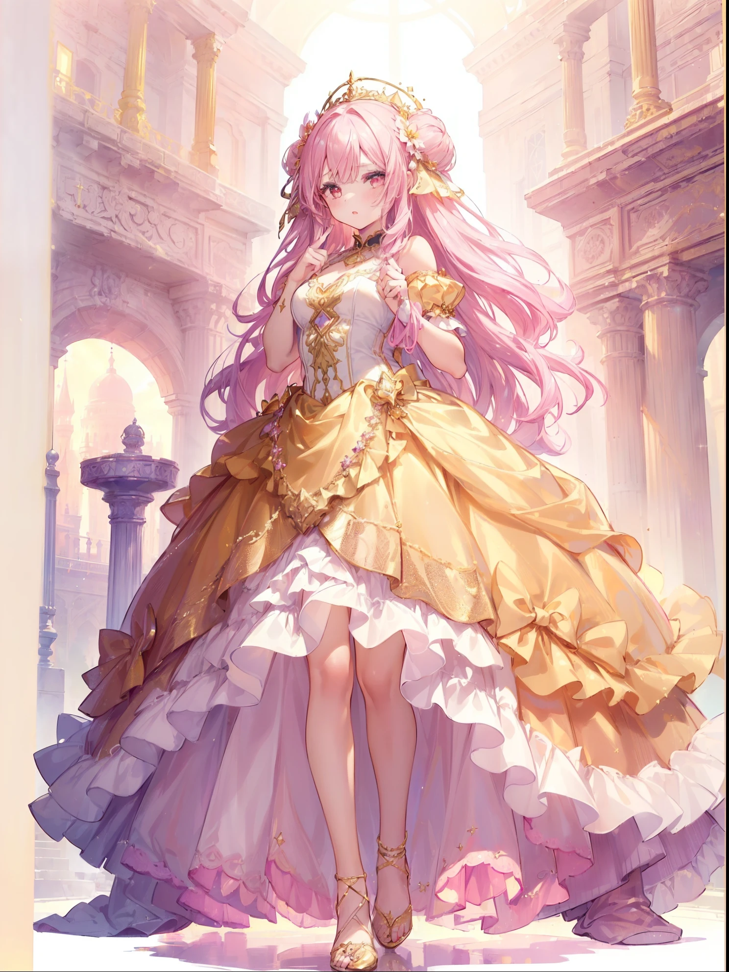 ((((((one girls)))))),Ultra-realistic photo of a girl in a majestic pink and gold ball gown dress, Big beautiful dress, Complex puffy ball gown with lots of frills and rhinestones (Best Quality, masutepiece, art stations, Fantasy Art:1.2), Palace rooms, Beautiful cute girl, (length hair:1.1), (Complex short gold skirt, Bare legs:1.2, Full body shot)