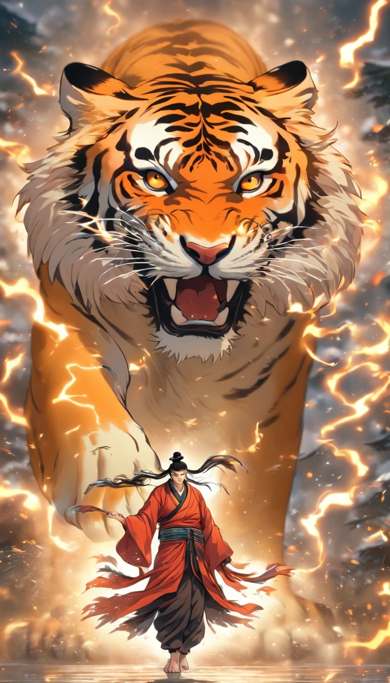 China-style,中景 the scene is,The Taoist priest stood in front of the roaring giant white tiger,Stretch your hands,Long messy hair,Glow effects,Hyper-realistic,Ultra photo realsisim,Chinese black and white ink style,Silver,Decolorization,Smudge,ink,8K,super-fine,high qulity,OC Renderer plus wings