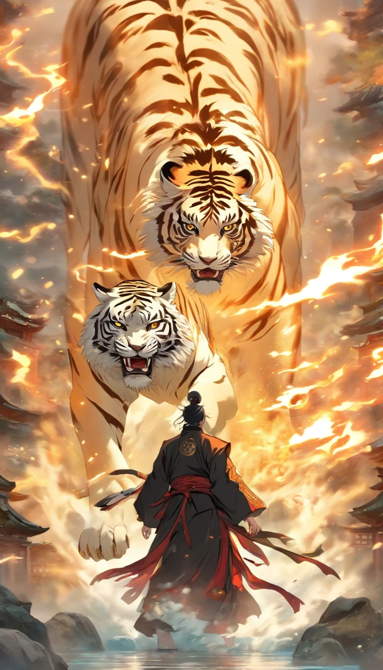 China-style,中景 the scene is,The Taoist priest stood in front of the roaring giant white tiger,Stretch your hands,Long messy hair,Glow effects,Hyper-realistic,Ultra photo realsisim,Chinese black and white ink style,Silver,Decolorization,Smudge,ink,8K,super-fine,high qulity,OC Renderer plus wings