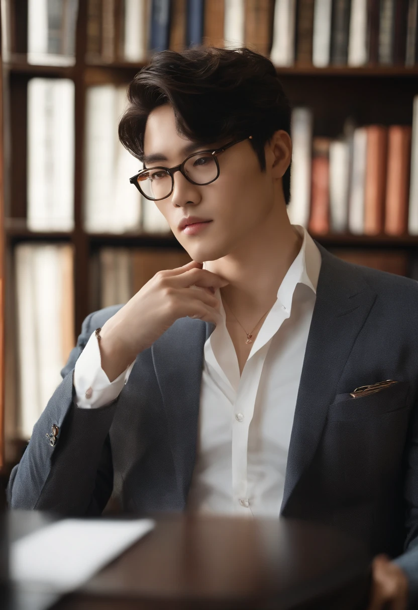 Modelo masculino arafed em uma biblioteca com uma camisa e gravata, dramatic reading book pose, pose de anime bonito, the librarian, Librarian, em uma biblioteca, cientista de fantasia masculino magro, inspirado por Kim Eung-hwan, Inspirado em Jeonseok Lee, inspirado em Jean Malouel, com abdominais, inspirado em Shinji Aramaki, Directed by: Fei Danxu