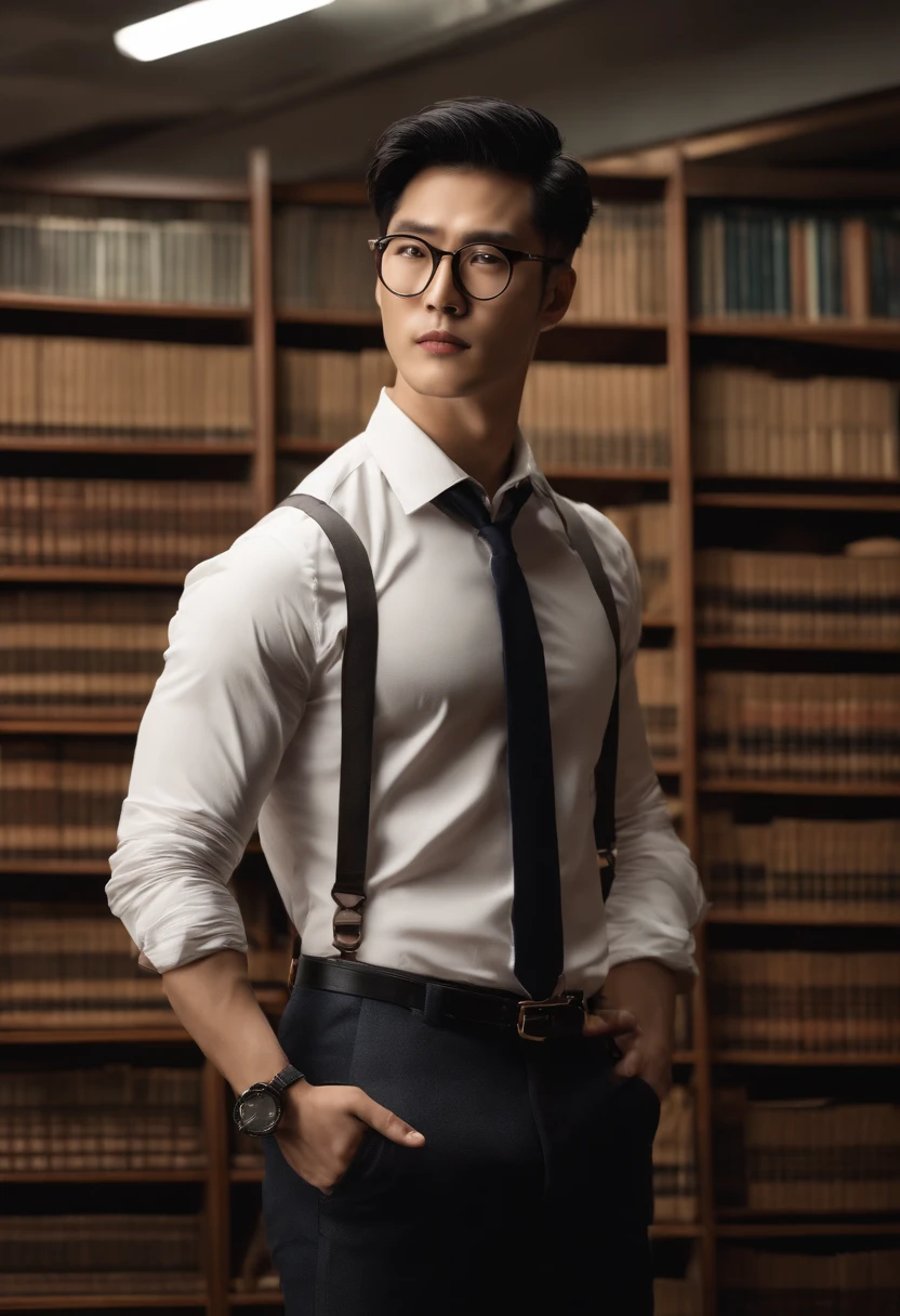 Modelo masculino arafed em uma biblioteca com uma camisa e gravata, dramatic reading book pose, pose de anime bonito, the librarian, Librarian, em uma biblioteca, cientista de fantasia masculino magro, inspirado por Kim Eung-hwan, Inspirado em Jeonseok Lee, inspirado em Jean Malouel, com abdominais, inspirado em Shinji Aramaki, Directed by: Fei Danxu