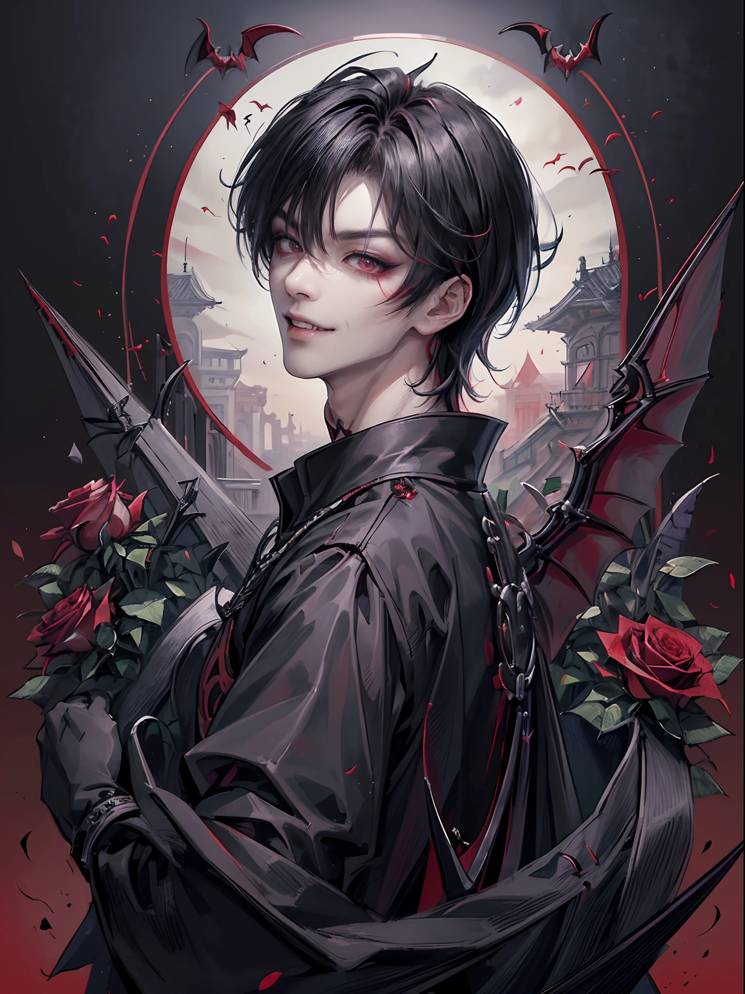 ((4K works))、masterpiece、(top-quality)、((high-level image quality))、((One beautiful vampire man))、Slim body、((Vampire Black Y-Shirt Fashion))、(Detailed beautiful eyes)、((Red roses and crows on fantastic black background))、Inside the Evil Castle、((Face similar to Chaewon in Ruseraphim))、((short-haired))、((bright silver hair))、((Smaller face))、((Neutral face))、((Red Eyes))、((Korean Male))、((18year old))、((wild boy))、((Show your teeth and smile))、((Korean makeup with black eyeshadow))、((elongated and sharp eyes))、(((Shot alone)))、((Vampires))、Vampire Photos、Villain、Dark Proof、((Shot diagonally from the side))、Vampire Pose