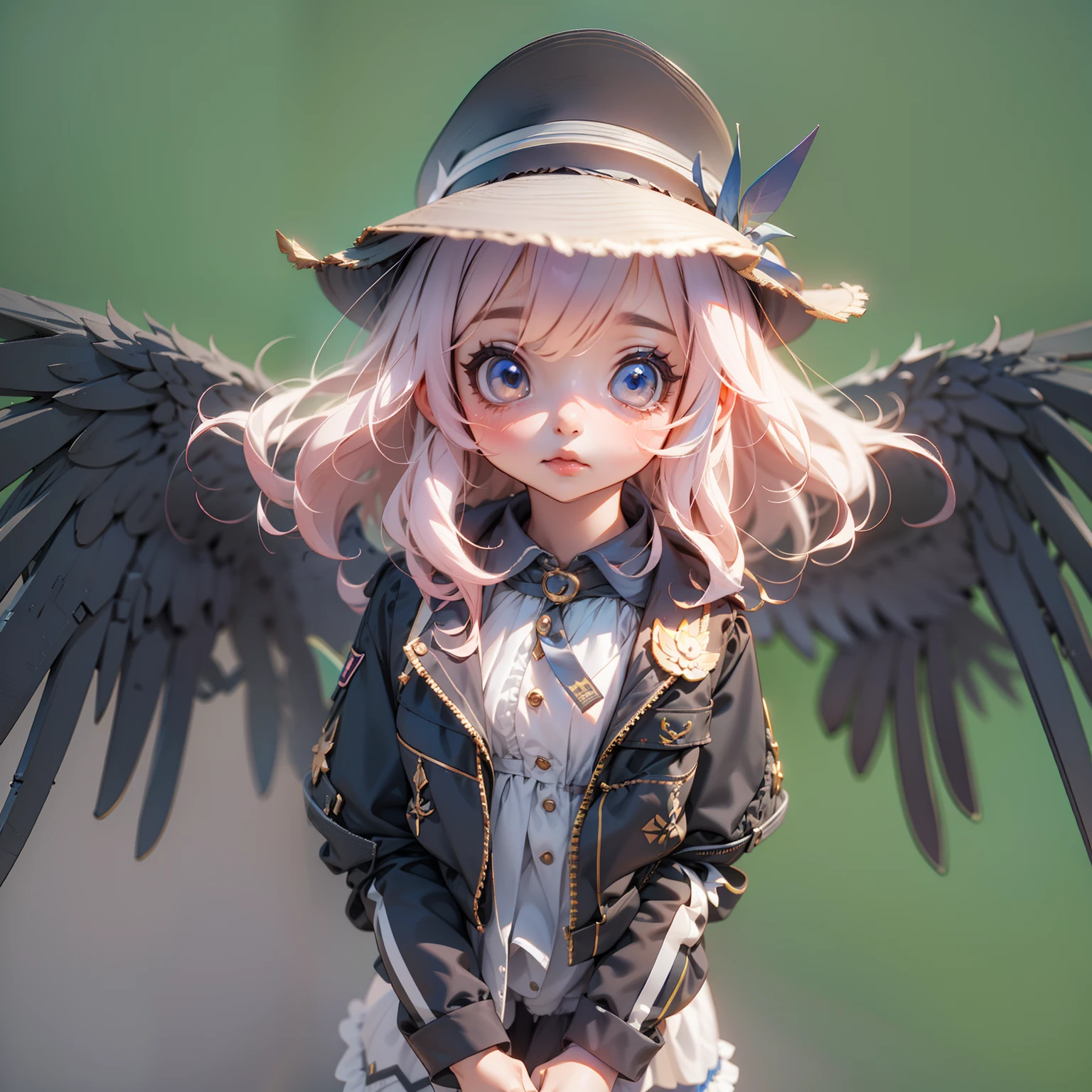 A cute girl with wings on her back and a hat，3d anime girl，3d effect，Full body like，super detailing