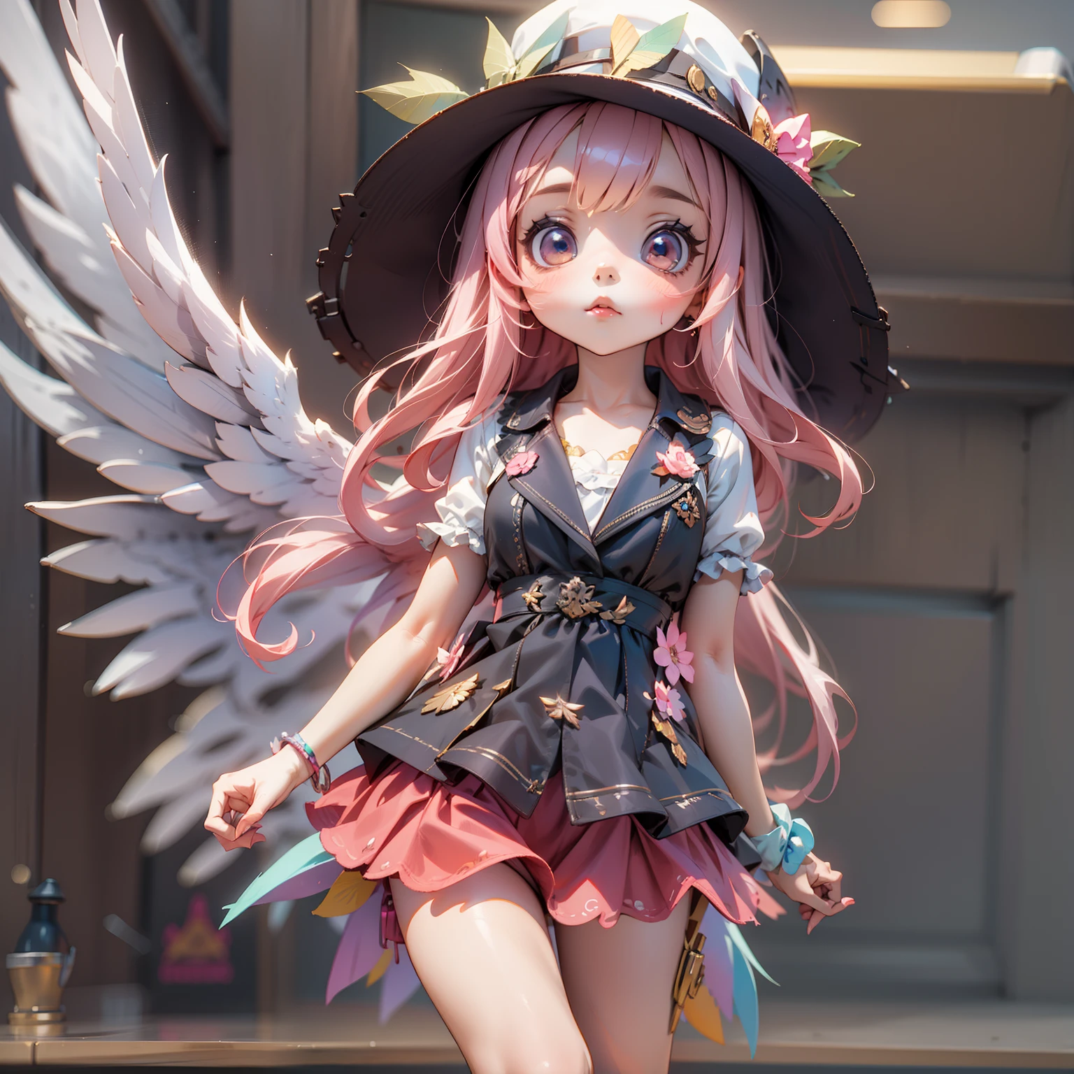 A cute girl with wings on her back and a hat，3d anime girl，3d effect，Full body like，super detailing