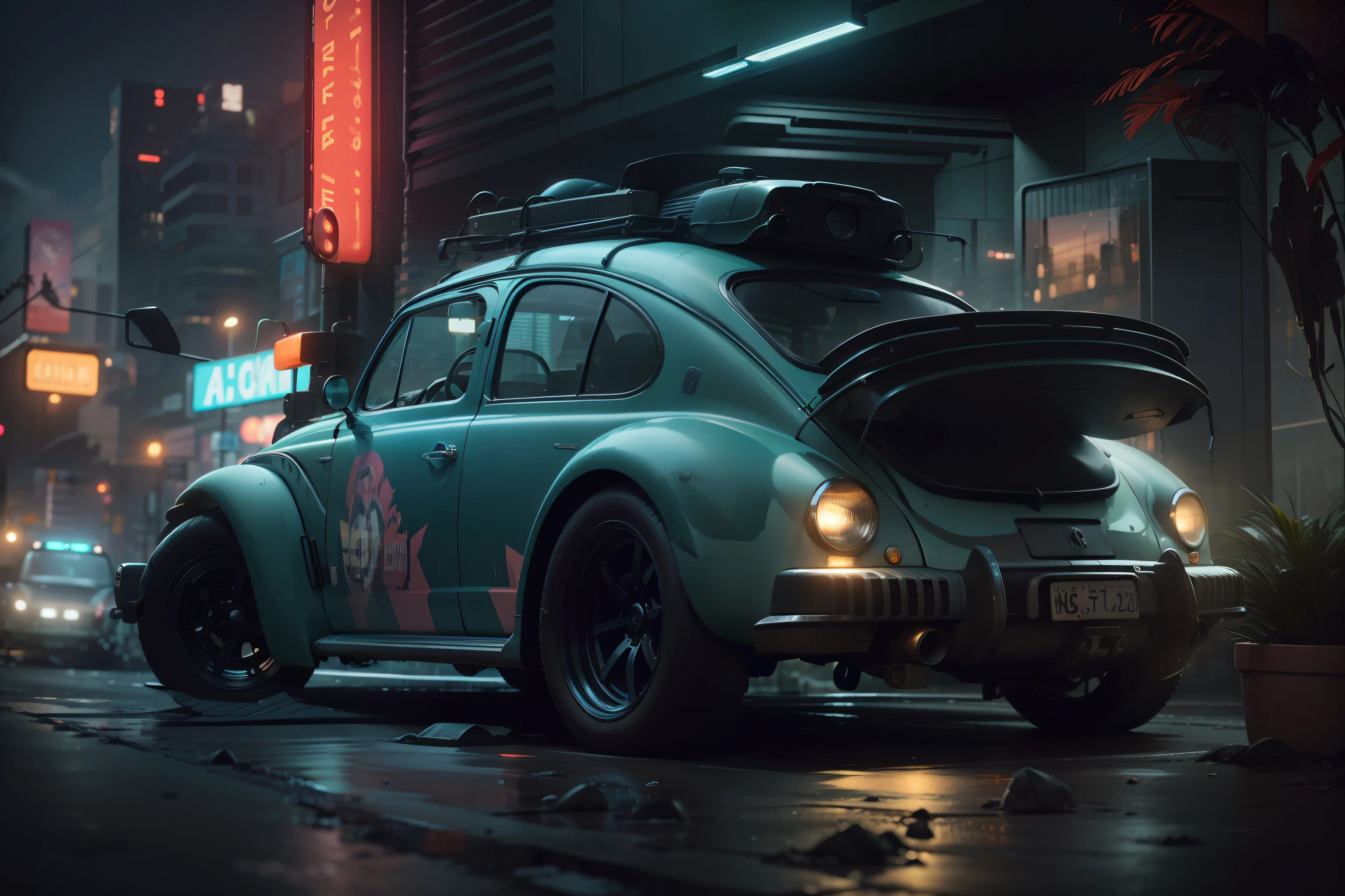 "C:\Users\Jomar Machado\OneDriveDesktop\IMAGENS PARA AI\AI FUSCA\04 VOKSWAGEN.jpg", front car, realistic, hd, cyberpunk in cybercity at night,, dark atmosphere, nightfall, cinema photography, cold colours, keep the car faithfull to the original , 8K --auto