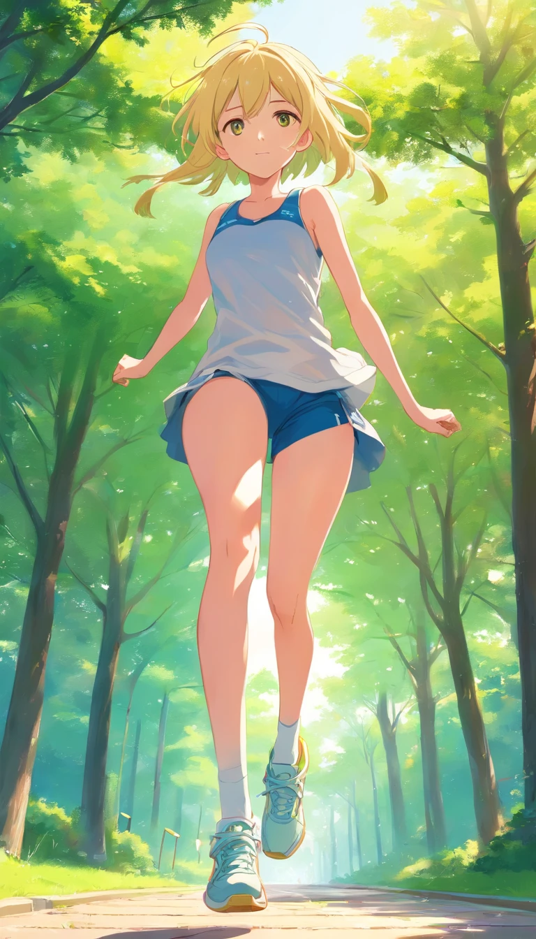 best qualtiy， tmasterpiece， 超高分辨率， realisticlying， 1 girl， long  white hair，Heterochromic pupils，Long legs，With a headset，Sports bras，head looking up，cheerfulness，Light yellow tube stockings，Light yellow sneakers，running in the park，wide angles