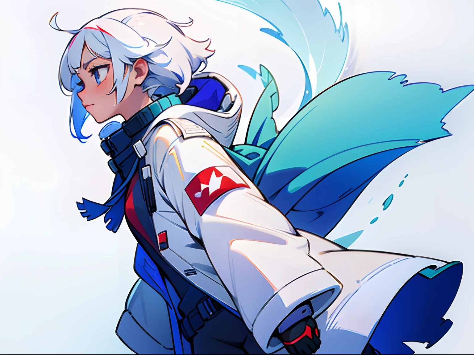 apple inc if it was a girl character, white hair, winter clothes ((solo character)), future background