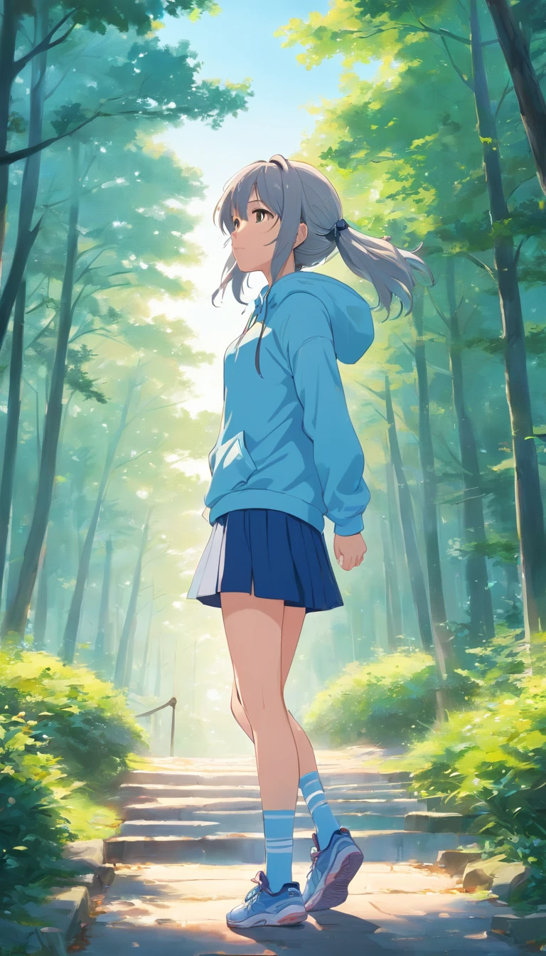 beste-Qualit， tmasterpiece， extra high resolution， Realistic， 1 girl， long gray hair，Heterochromic pupils，long legs，with headset，Hoodie Set，The head looks up，cheerfulness，Pale Yellow Tube Socks，Light Blue Sneakers，running in the park，Wide angles