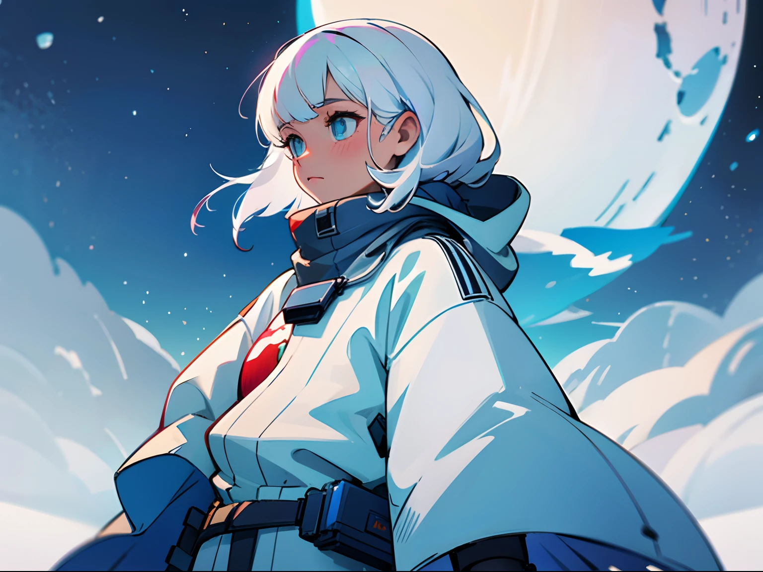 apple inc if it was a girl character, white hair, winter clothes ((solo character)), future background